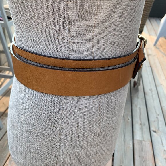 Brave Vintage 90s Y2K Tan Leather Gold Buckle Double Wide Skinny Belt - Picture 5 of 14
